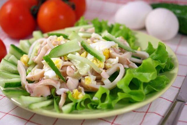 Calamari salad with eggs and cucumbers on a low carb diet